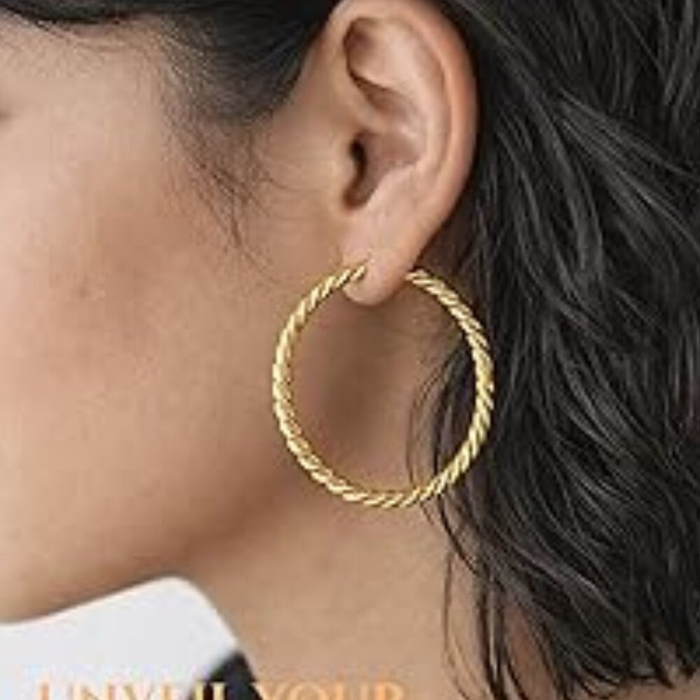 18K Gold Plated Twisted Hoop‎ Earrings Hypoallergenic Post Lightweight